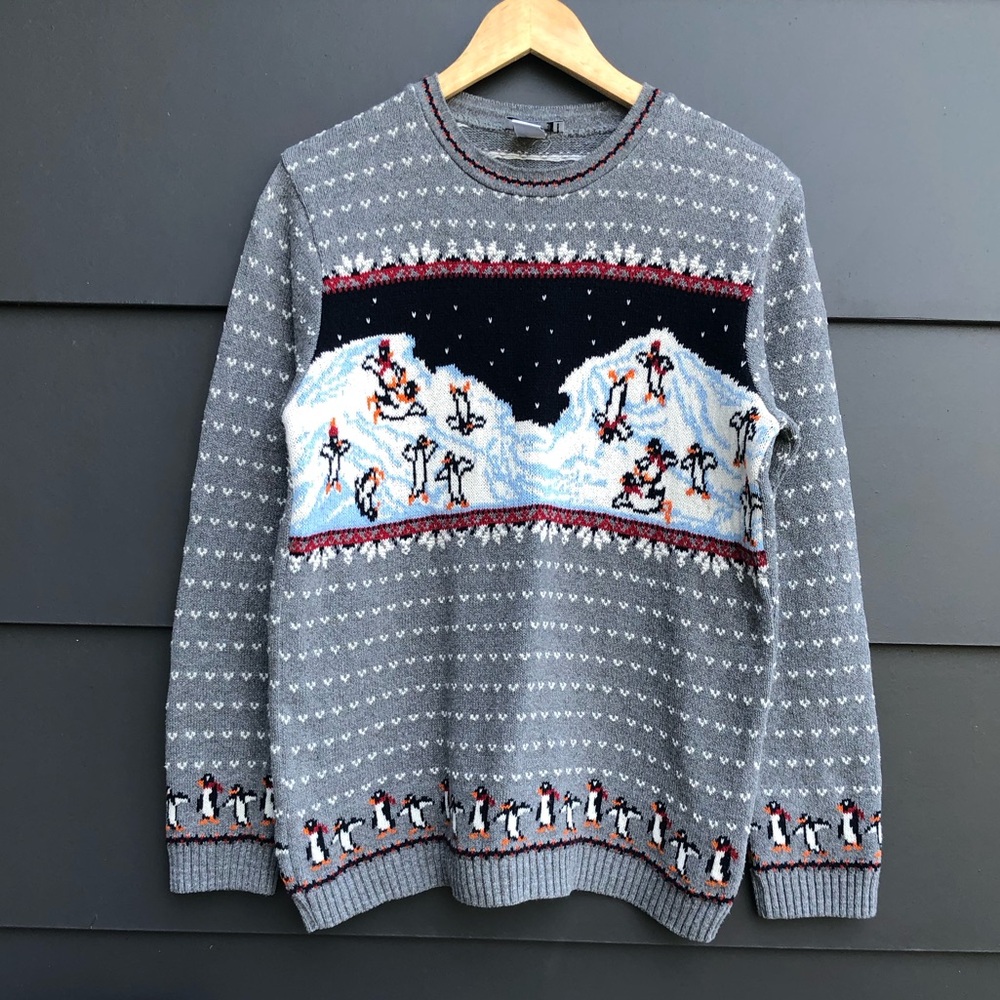 Northern Reflections Cotton Mix Crew Neck Sweater - penguins in snow - L
